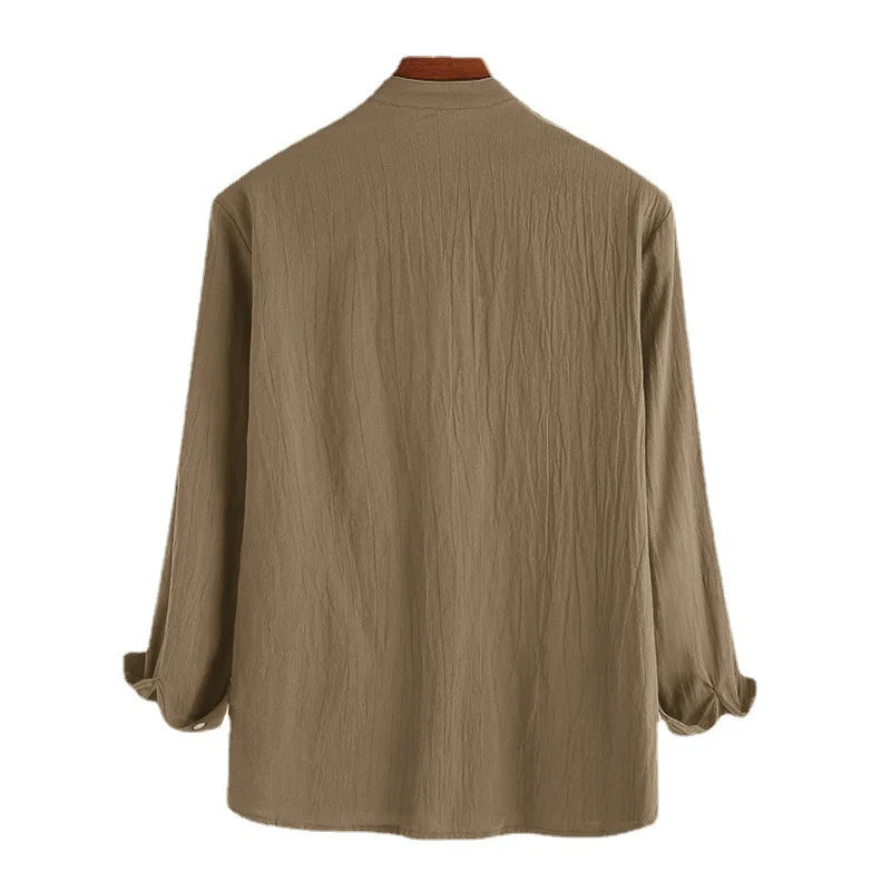 Loose collarless  linen long sleeve Shirt