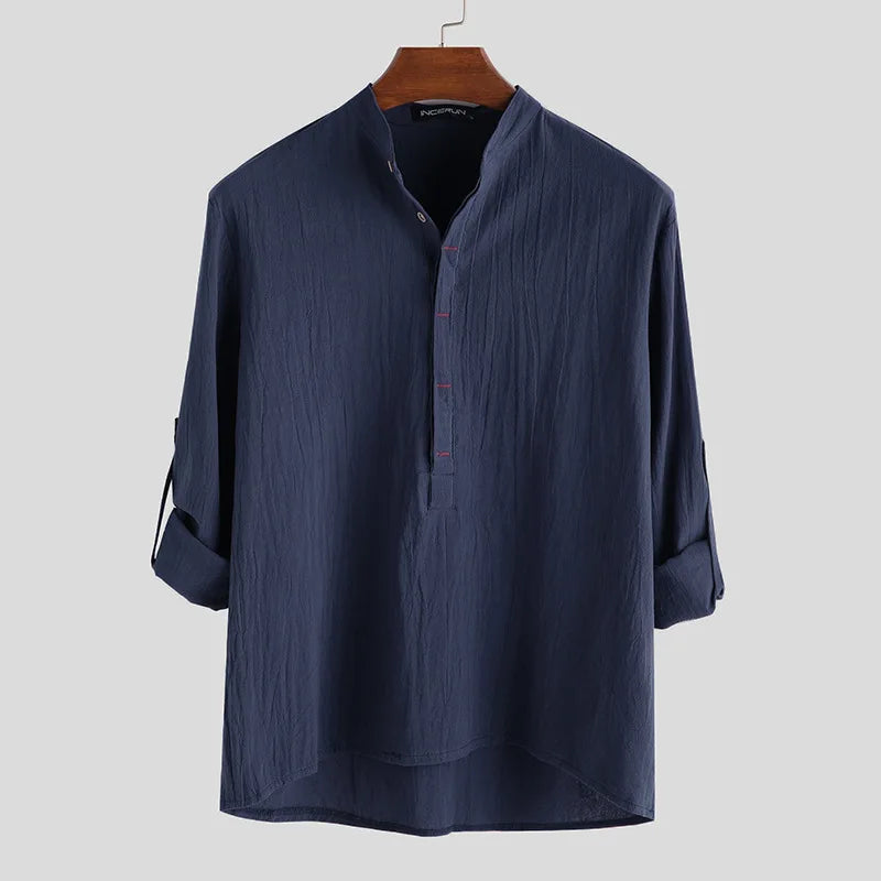 Loose collarless  linen long sleeve Shirt