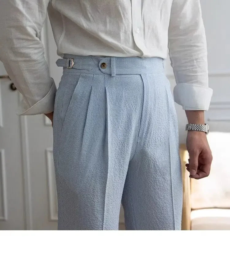 Baby Blue Striped Double Pleated Pants