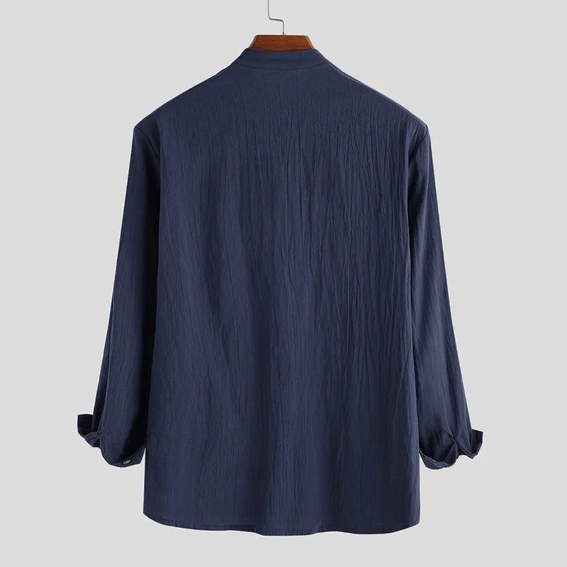 Loose collarless  linen long sleeve Shirt