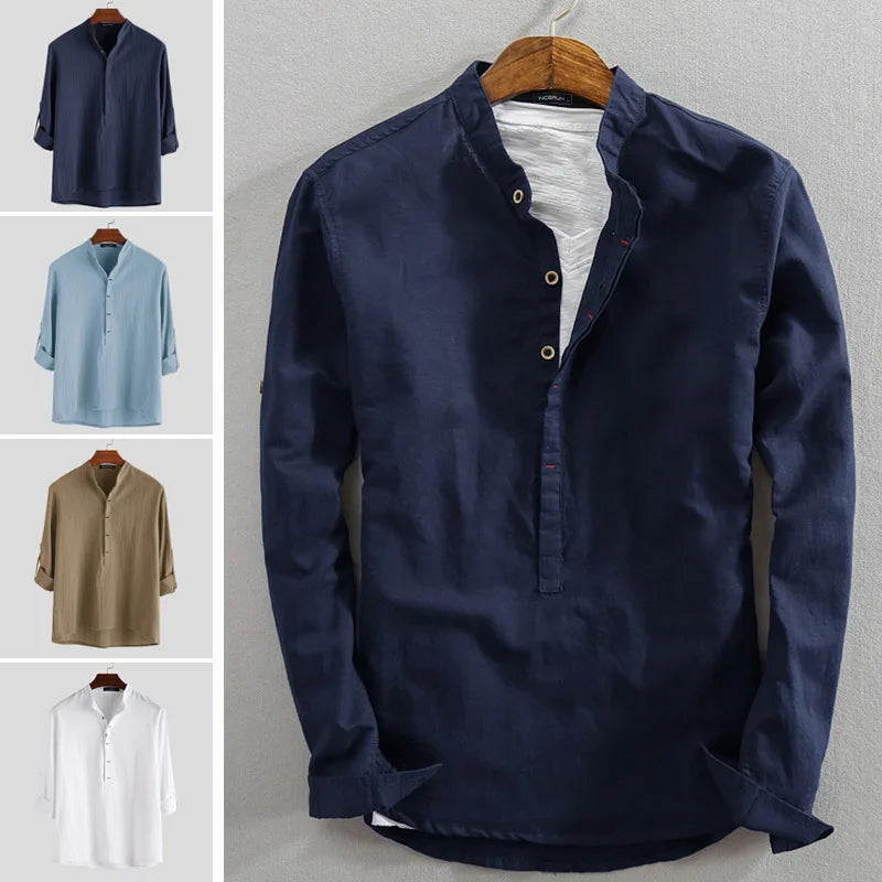 Loose collarless  linen long sleeve Shirt