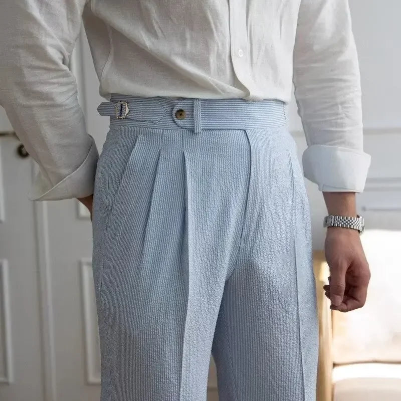 Baby Blue Striped Double Pleated Pants