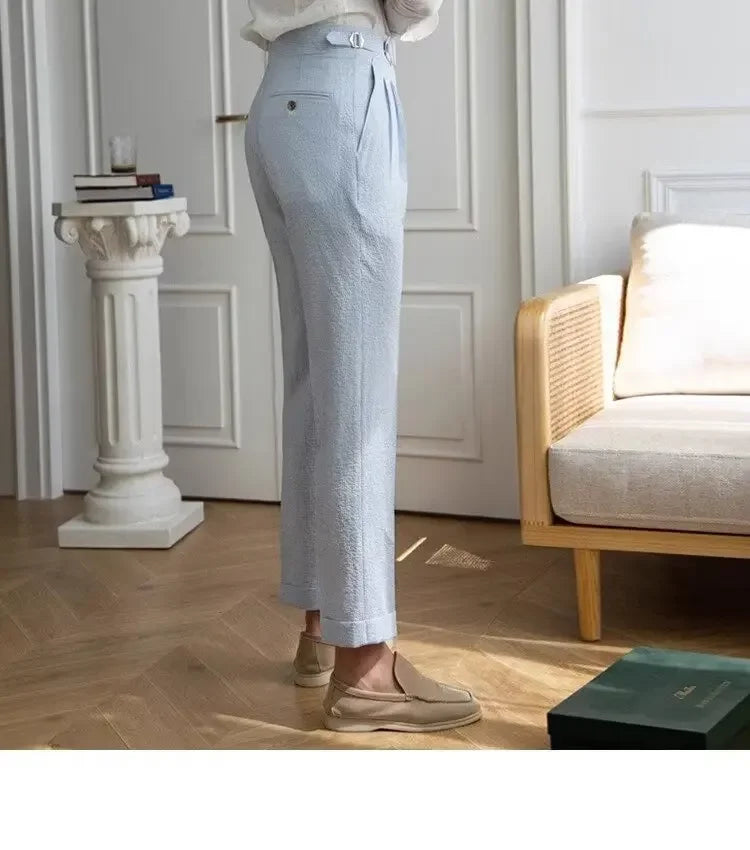 Baby Blue Striped Double Pleated Pants