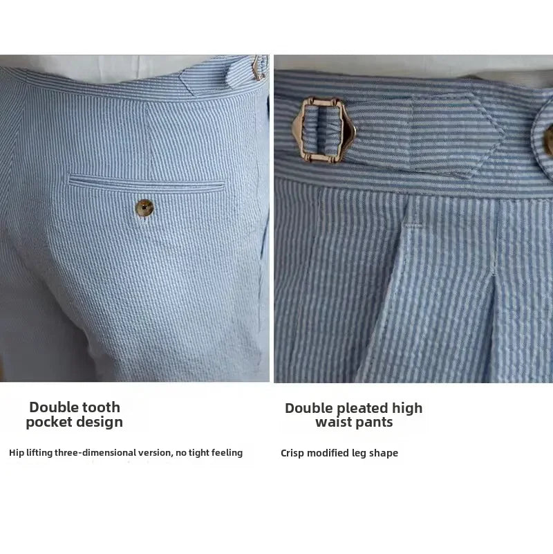 Baby Blue Striped Double Pleated Pants