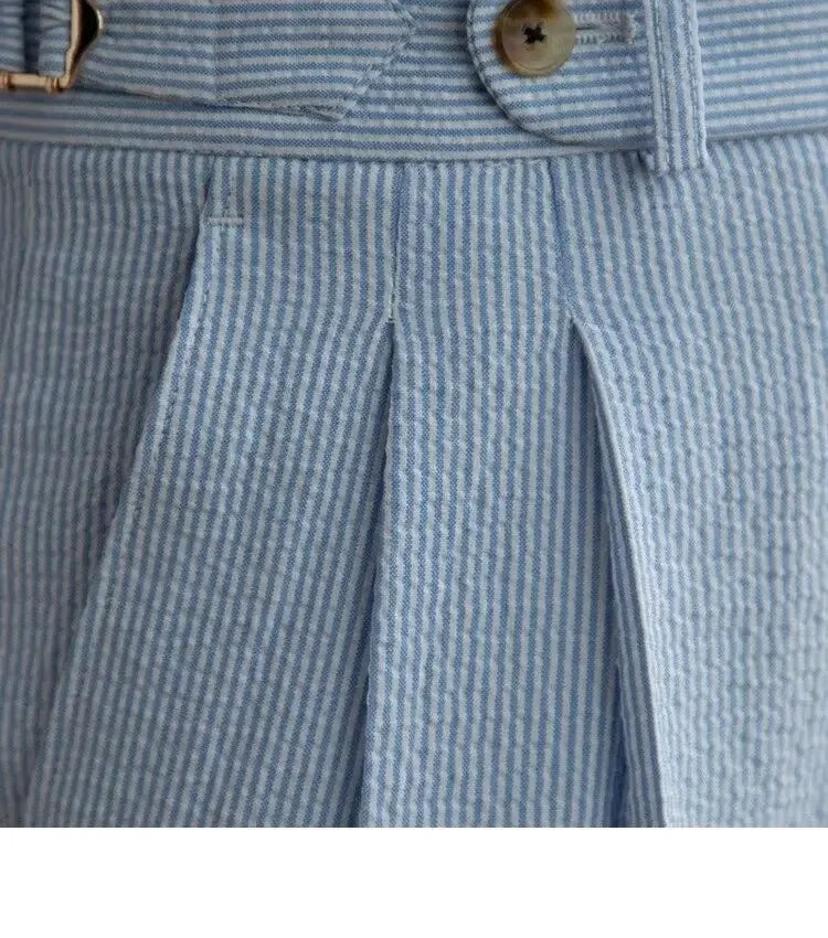 Baby Blue Striped Double Pleated Pants